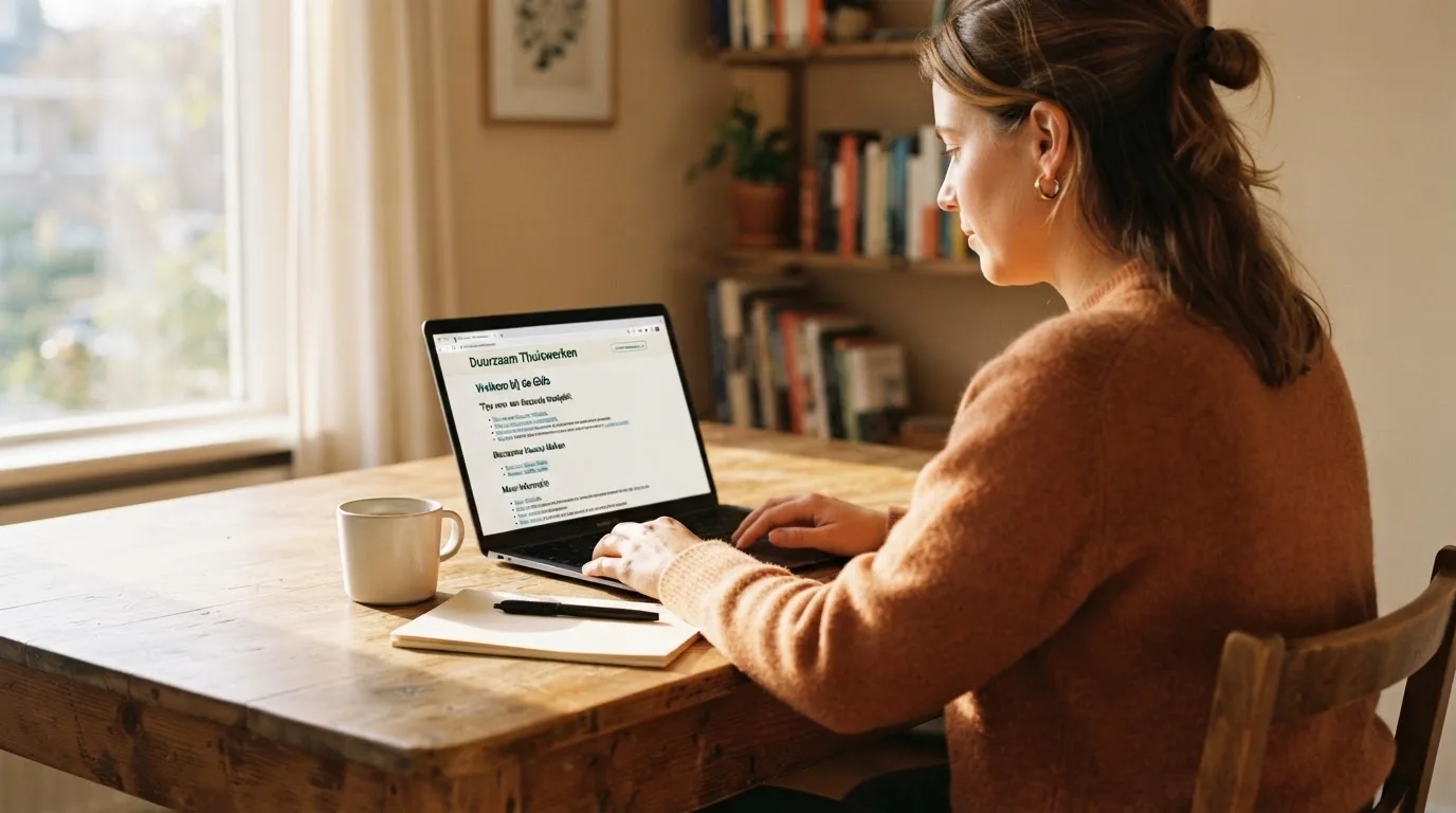 Een persoon leest rustig informatie op een laptop aan een houten bureau bij daglicht.