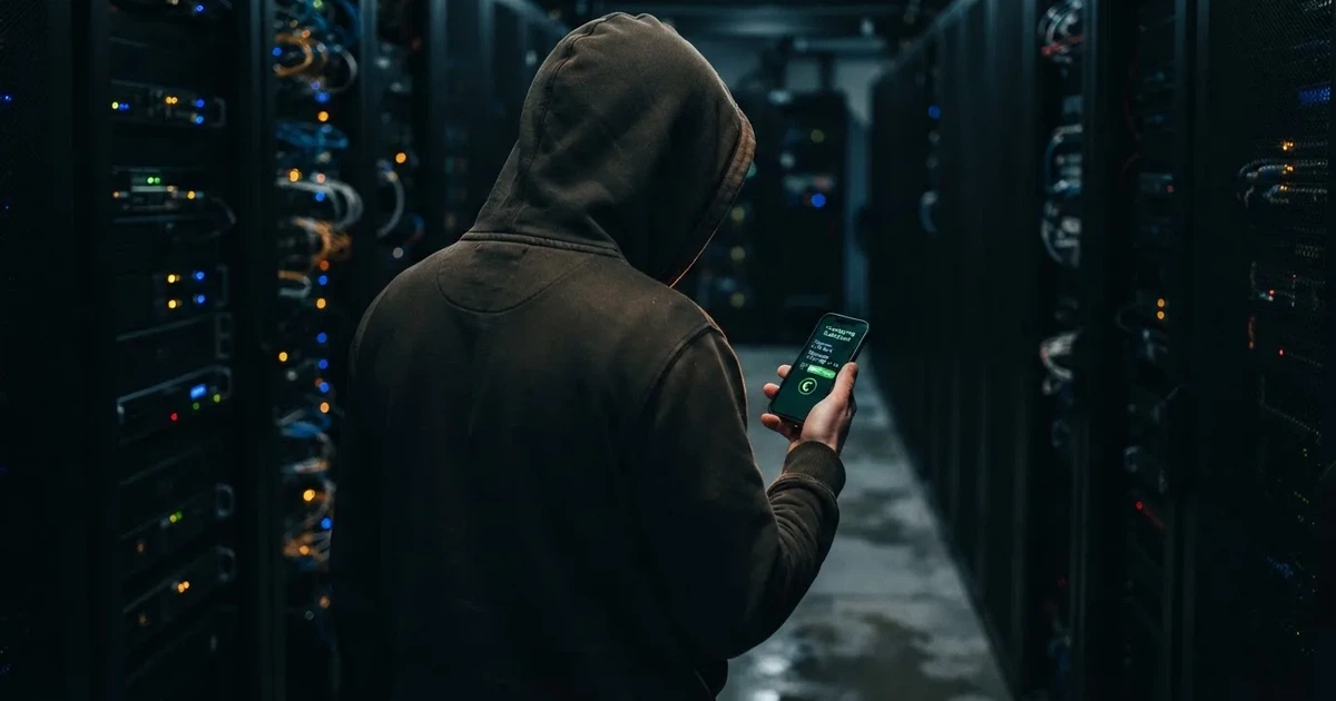 Een persoon houdt een smartphone vast terwijl op de achtergrond een computerserver zichtbaar is in een donkere ruimte.