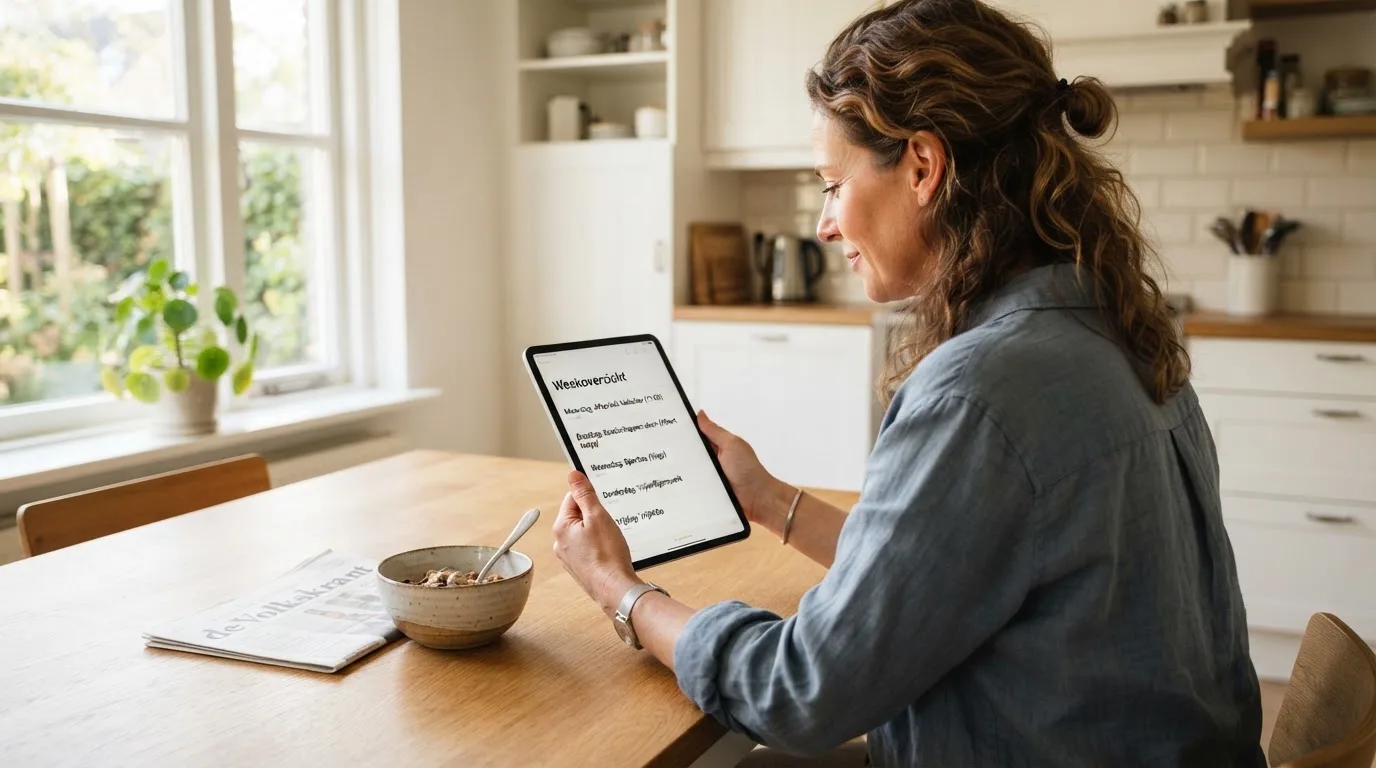 Een persoon bladert rustig door informatie op een tablet aan een keukentafel.