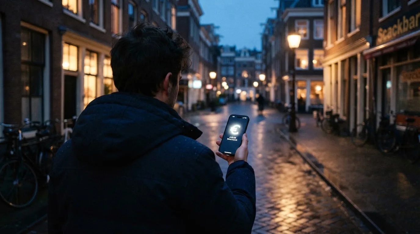 Een persoon houdt een smartphone vast met een wazige stadslucht op de achtergrond in de avond.