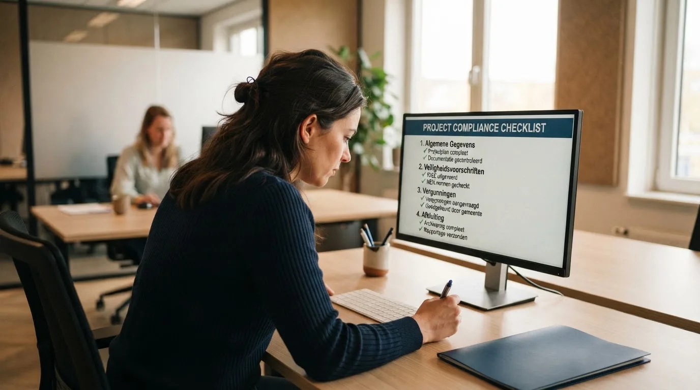 Een medewerker bekijkt geconcentreerd een computerscherm in een modern kantoor overdag bij daglicht.